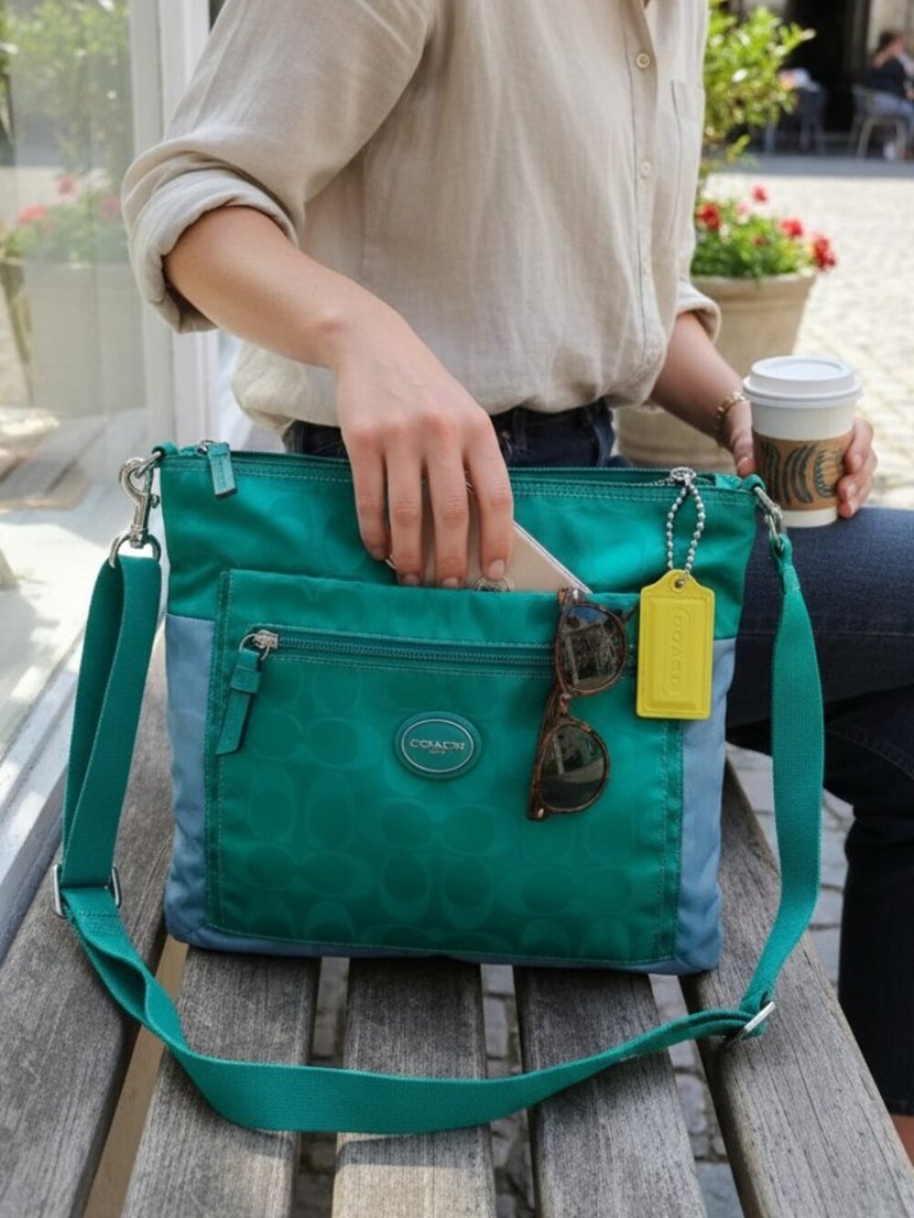 Coach Getaway Signature Nylon Crossbody Bag Teal Green Rare Colorway